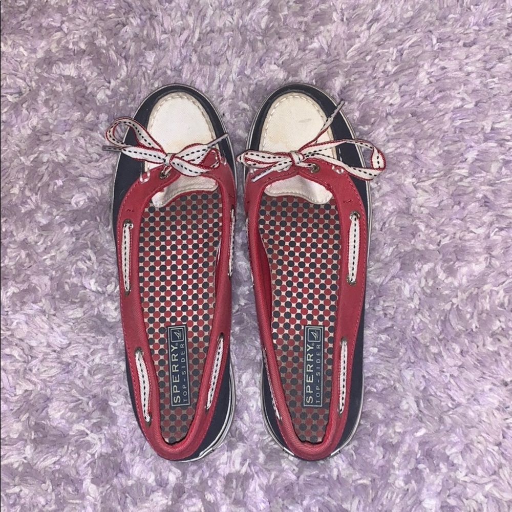 Red white and blue sperry slip ons